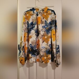 SHEIN Abstract Floral Blouse - Navy and Mustard